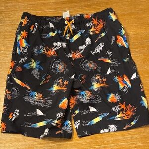 Wonder Nation Black Swim Trunks with Colorful Tropical Print